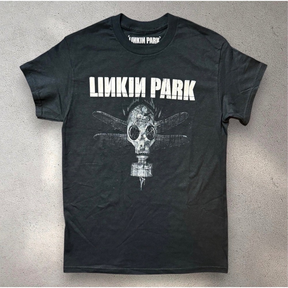 Linkin Park Gas Mask Dragonfly Graphic T-Shirt Mens Small Black Short Sleeve Tee